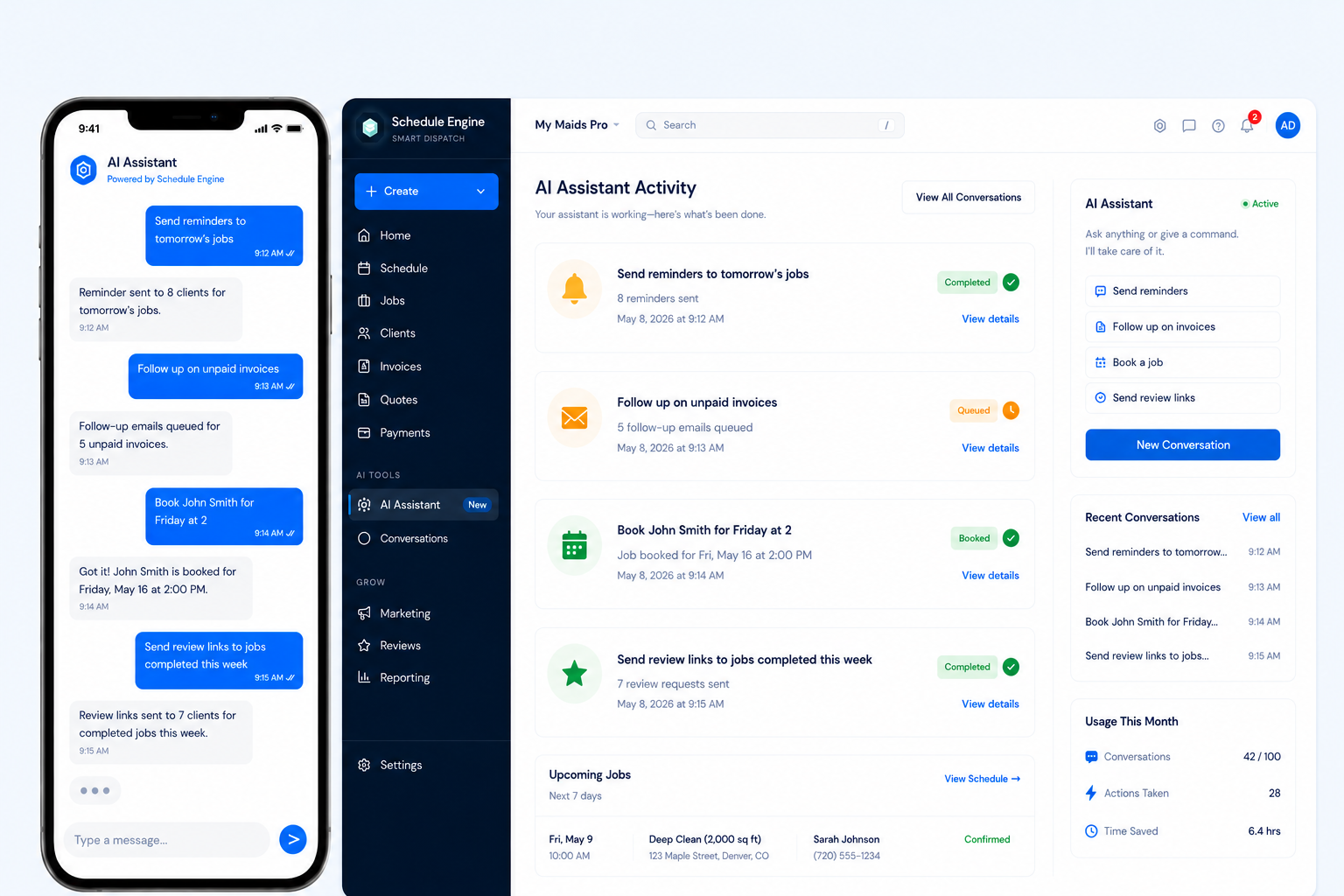 MyScheduleEngine command center with jobs, invoices and client workflow panels
