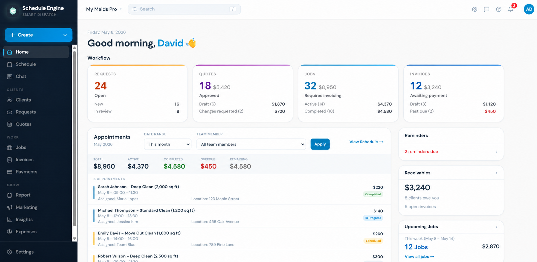 MyScheduleEngine command center showing today's scheduled jobs and team assignments
