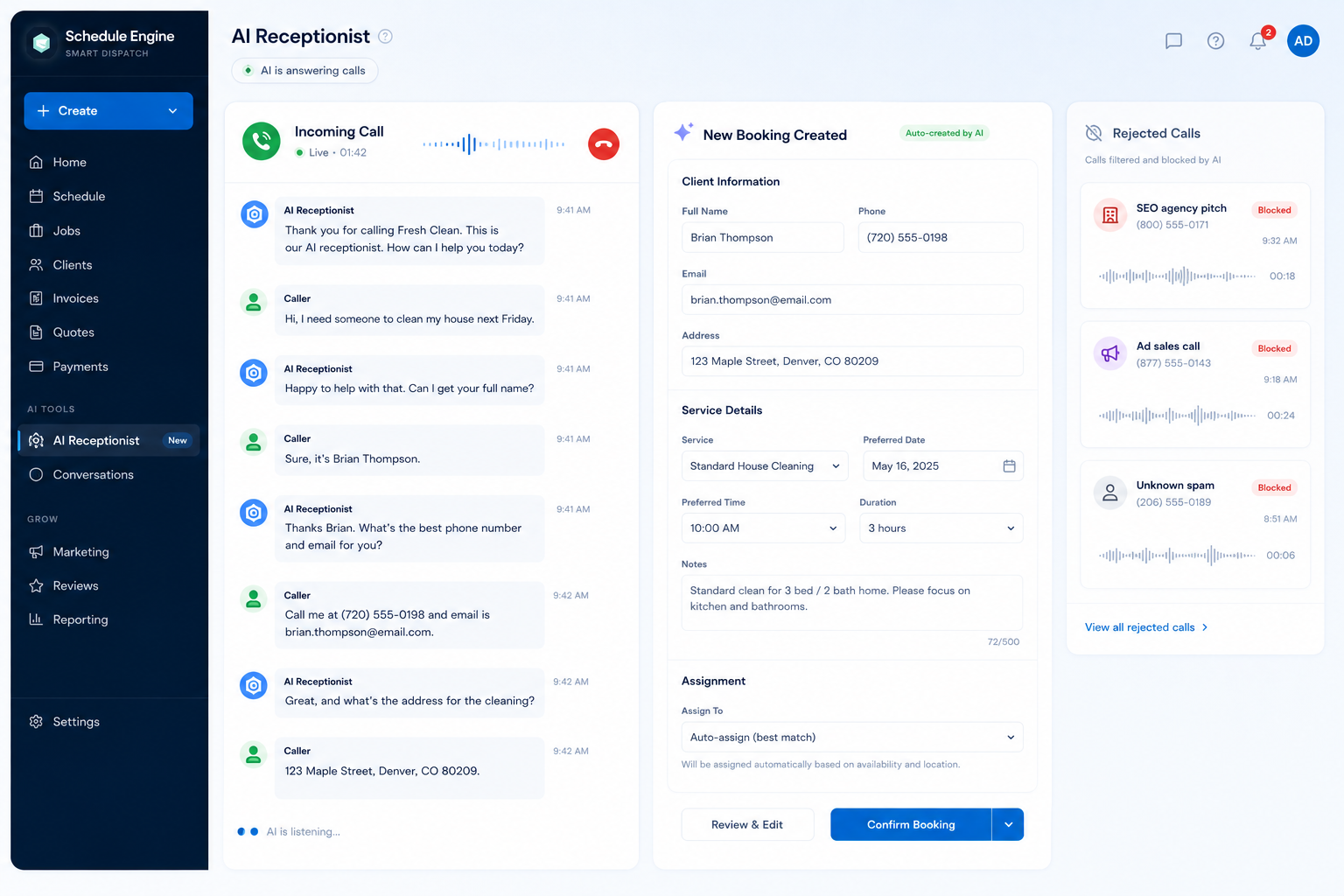 MyScheduleEngine AI receptionist screen for handling client calls and booking requests
